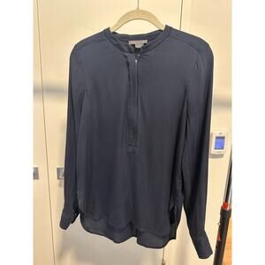 Vince Size S Stretch Silk Satin Boxy Blouse Zipper Neck Navy Blue
